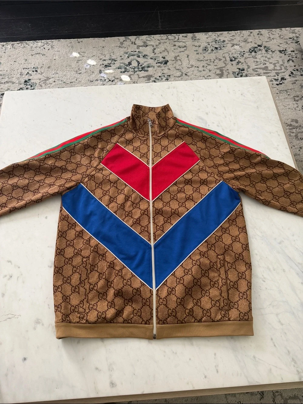 Gucci Brown Monogram Bomber Jacket with Red & Blue Chevrons